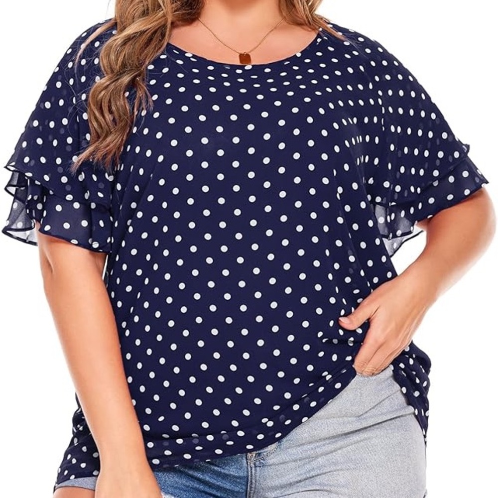 IN'VOLAND Women Plus Size Polka Dot Ruffle Sleeve Chiffon Blouse 24W